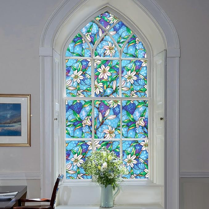 Coavas Decorative Window Privacy Film, Heat Control Sun Blocking Stained Glass Window Film, Floral Design Static Cling, Non Adhesive Windows Tint for Bathroom Front Door(Vinyl, 47.2" x 157.4 ")