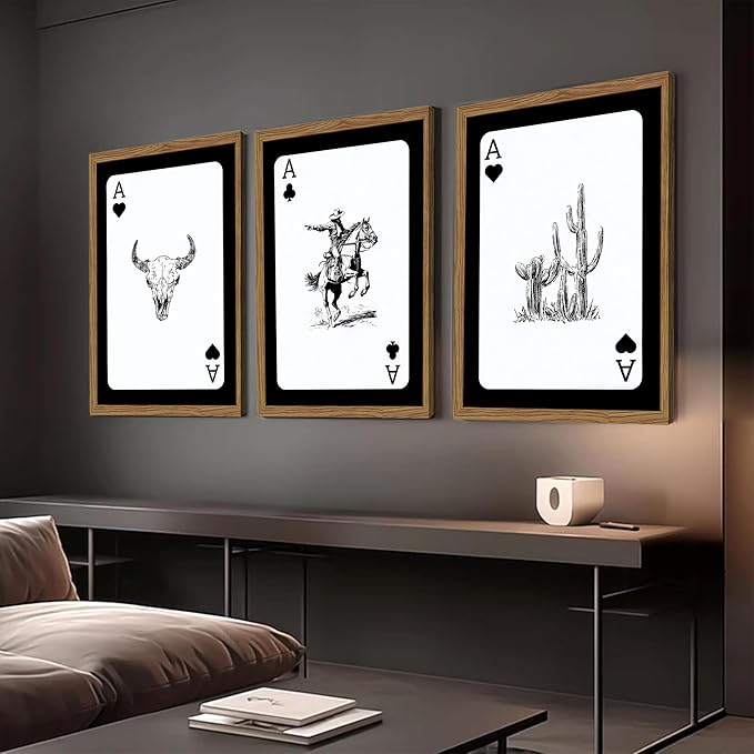 Western Cowboy Wall Art Set of 3 Cowboy Print Playing Card Inspired Southwestern Canvas Poster Trendy Western Wall Decor Long