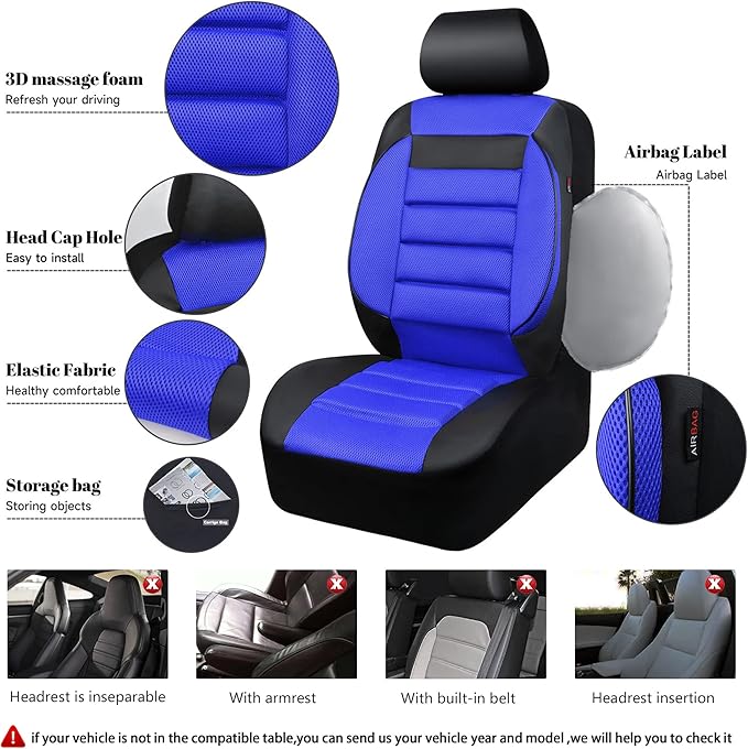 CAR PASS Leather 3D Foam Back Support Car Seat Covers Full Set Air Mesh Automotive Seat Covers, All Season Car Seat Cover Fit