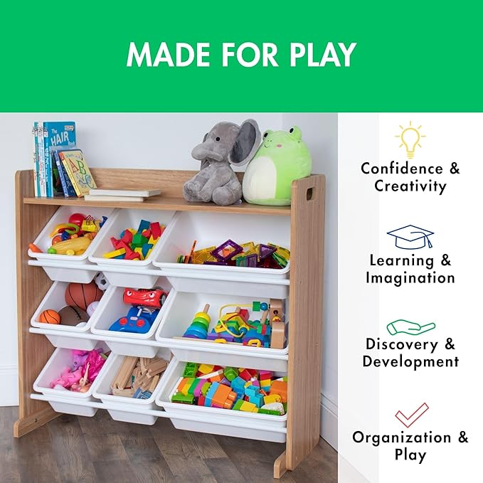 Humble Crew Toy Storage Organizer with Top Shelf and 9 Removable Bins, Natural/White – Toddler Bookshelf with Toy Organizer -