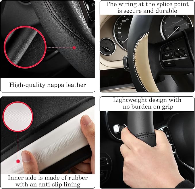 Beige Car Steering Wheel Cover, Nappa Leather, Bottom Color Blocking, Universal 14.5-15 Inch Leather Anti-Slip Breathable Aut