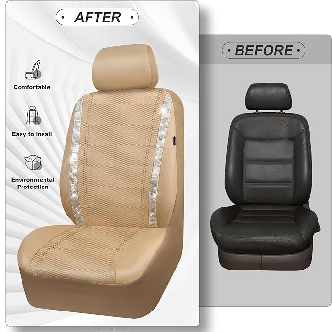 CAR PASS Leather Bling Diamond Car Seat Covers 2 Front Interior Sets, Waterproof Universal Shining Glitter Crystal Sparkle Fit for 95% Automotive Truck SUV Cute Women Girl, Beige Rhinestone