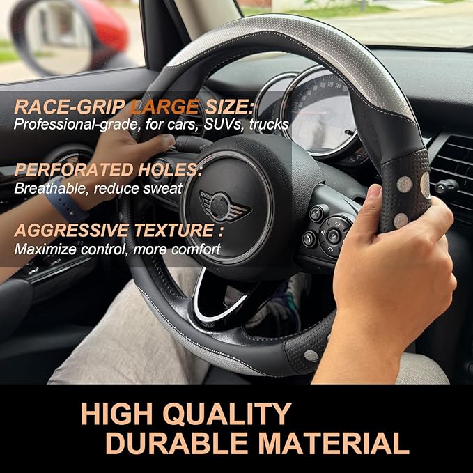 PINCTROT Large Size Race Grip Steering Wheel Cover, Anti Slip Silicone Perforated Design with Soft Touch Padding, Enhanced Grip for Sporty Driving 15.5-15.75 Inch (Racing Silver)