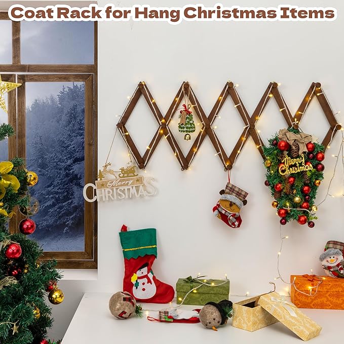 Cozcty Accordion Wall Hanger, Wooden Hat Rack for Wall with 16 Hooks, Expandable Peg Hat Hanger Organizer, Decorative Coat Ra