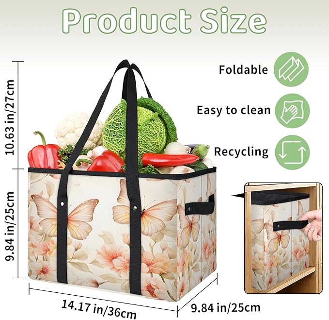 Reusable Grocery Bags Heavy Duty Shopping Bags Foldable Large Tote Bags with Long Handles & Hard Bottom