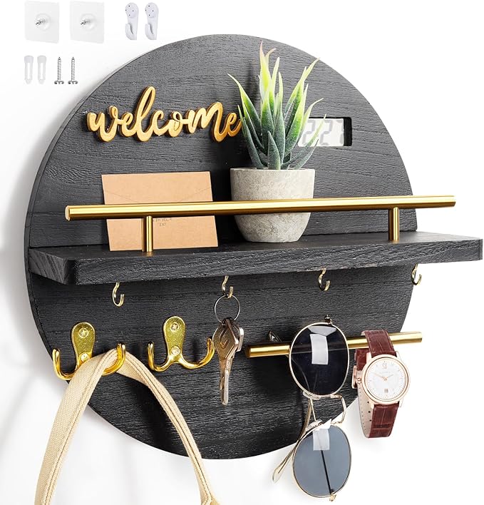Key Holder for Wall, Key and Mail Holder Organizer with - Key Holder Wall Mount - Round Wooden Rustic Home Decor for Entryway