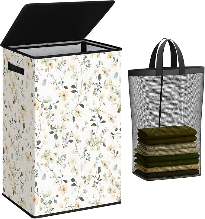 SOLEDI Laundry Hamper with Lid, 90L Tall & Large Floral Laundry Basket, Collapsible Clothes Hamper with Removable Bag, Dirty 