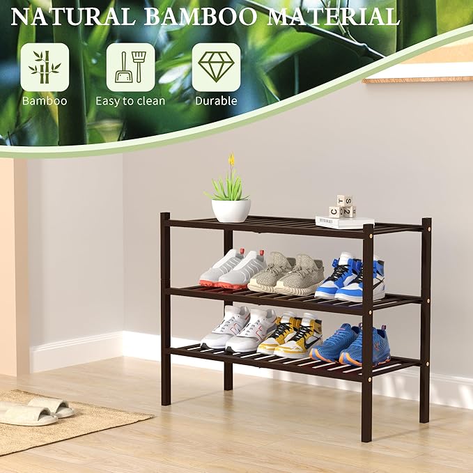 ROMGUAR CRAFT 3 Tier Bamboo Shoe Rack for Closet Free Standing Wood Shoe Shelf for Entryway Small Space Stackable 27"x11"x20"