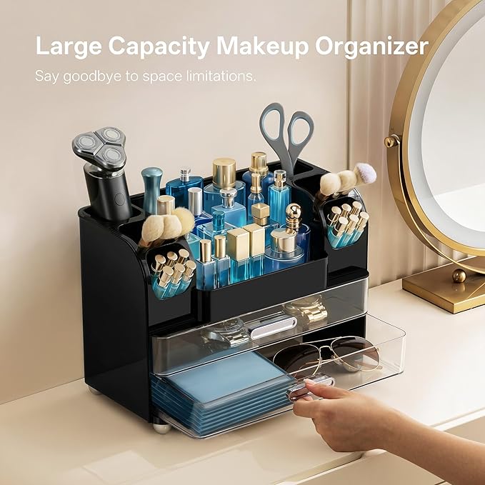 HBlife Makeup Organizer for Vanity with Brush Holder, Cologne Organizer for Men, Large Bathroom Countertop Cosmetic Organizer