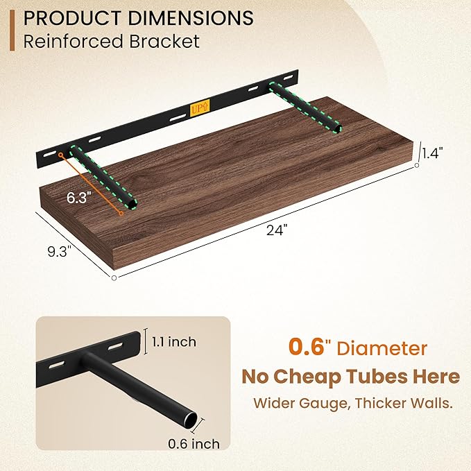 Fun Memories 24 Inch Floating Shelves for Wall, 9.3Inch Deep Floating Shelf, Extra Deeper & Thicker Wall Mounted Storage Shel