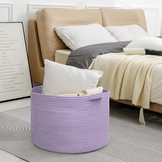 MEGASKET Purple Rope Storage Basket, 22" X 14" Large Woven Baskets, Jumbo Floor Bin for Throw Blankets Pillows, Baby Laundry 
