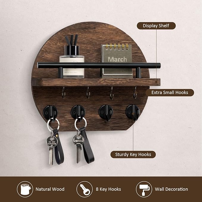 Nekon Key Holder for Wall - 9.8 Inch Apartment Wall Decor with Shelf and 8 Key Hooks, Circular Wood Key Hanger for Home Decor