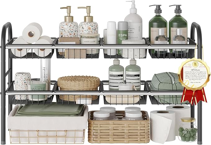 NETEL Under Sink Organizers and Storage, 2 Tier Expandable Under Cabinet Organizer Shelf with 8 Baskets, Expandable Shelf for
