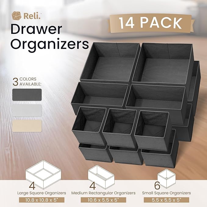 Reli. Drawer Organizer Clothes (14 Pack) | Dresser Organizer for Clothing | Drawer Bins for Bras, Nursery, Baby Clothes, Unde
