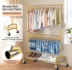 MISSLO Gold Clothing Racks for Hanging Clothes Heavy Duty Clothes Rack Double Garment Rack Metal Rolling Coat Rack Closet War