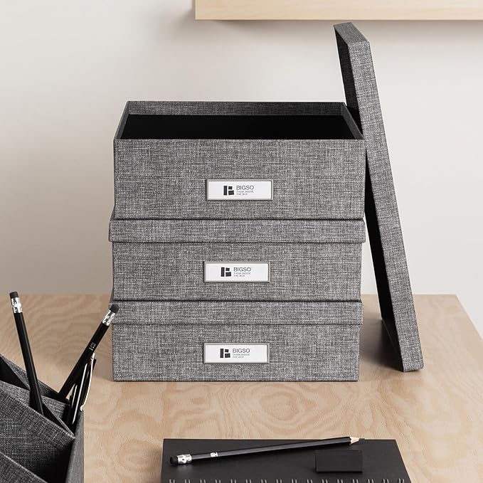 Bigso Oskar Canvas Fiberboard Document Letter Box for Important Paperwork A4 or Letter Size - Durable Keepsake Box with Lid a