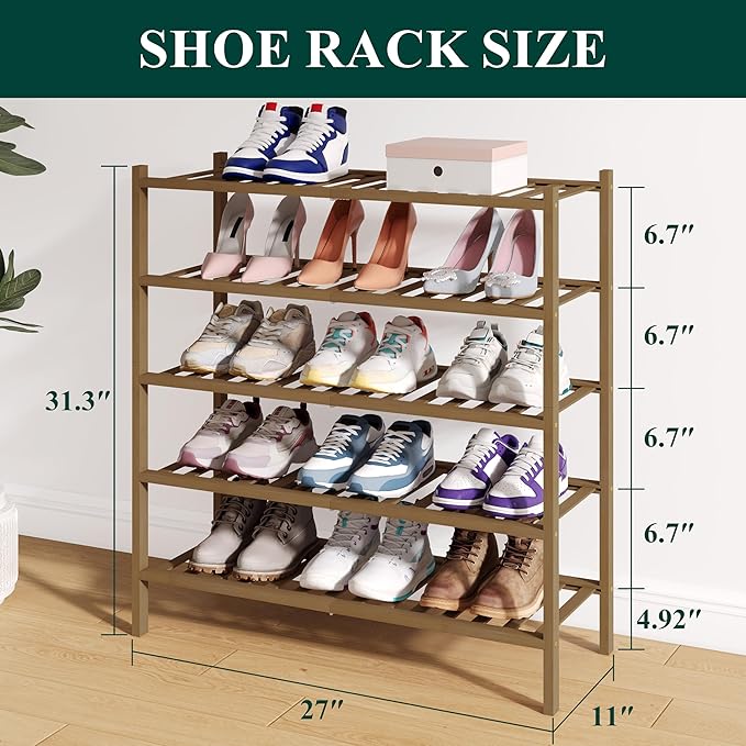 Smiry Bamboo Shoe Rack for Closet, 5 Tier Wooden Stackable Shoe Organizer, Free Standing Shoes Storage Shelf for Entryway, Fr