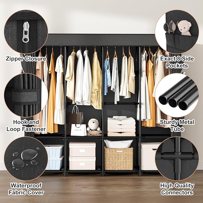 Portable Closet for Hanging Clothes, 67 Inch Wide Portable Wardrobe Closet with Cover, 4 Hanging Rod, Storage Shelves and Sid