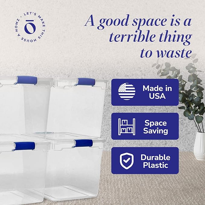 HOMZ 4-Pack 31 Quart Latching Lid, Clear Plastic Storage Organizer Bins, Blue – Stackable Containers for Home & Office Shelve