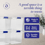 HOMZ 4-Pack 31 Quart Latching Lid, Clear Plastic Storage Organizer Bins, Blue – Stackable Containers for Home & Office Shelve