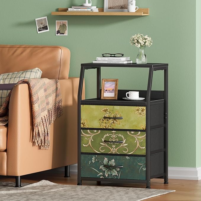 Furnulem Retro Night Stand with 3 Drawers and 2-Tier Shelf, Small Nightstand Side Table, Vintage Storage Dresser for Bedroom,