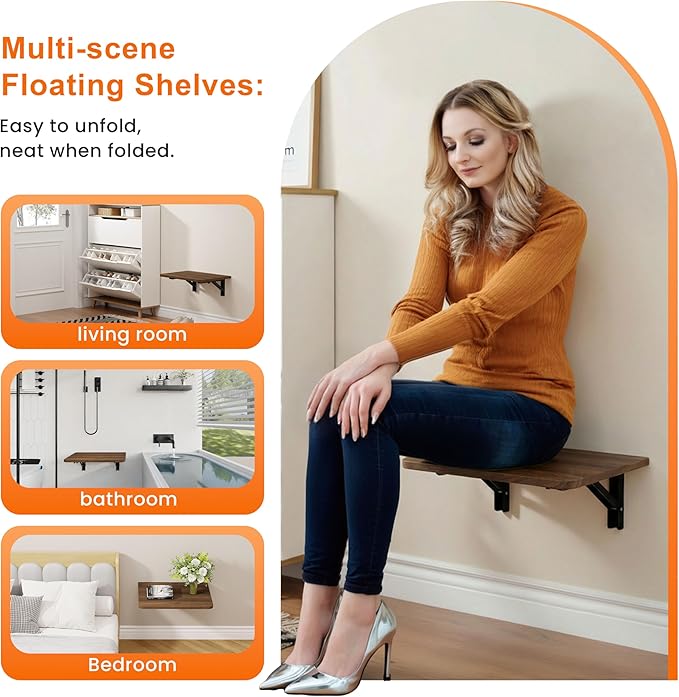 Foldable Walnut Floating Wall Shelves 16 inch, Bathroom Shelves Wall Mounted,12" Deep Wood Floating Kitchen shelves,Easy to I