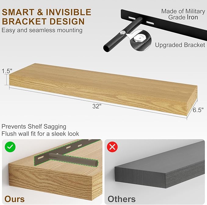 Fun Memories Floating Shelves for Wall, 32Inch Floating Shelves Set of 2, Hanging Shelf with Invisible Brackets, Wood Shelves