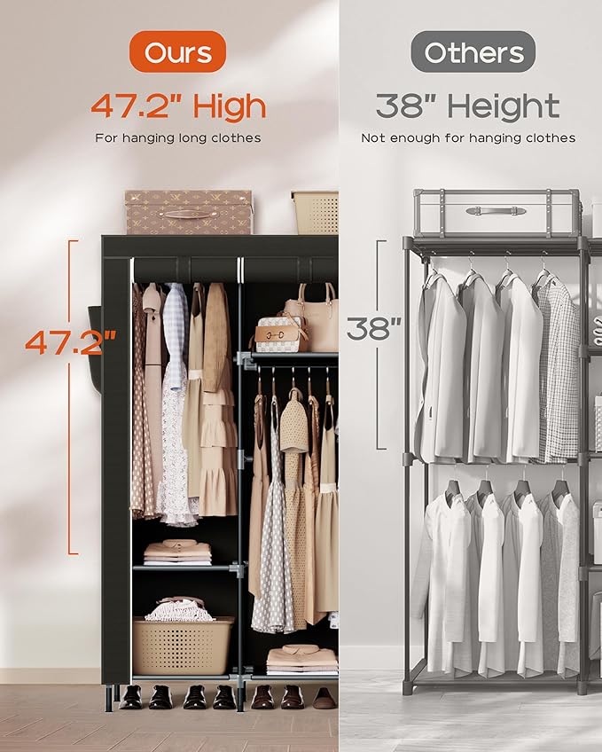 CASAMAYA Portable Closet, 51.2 Inch Large Capacity Wardrobe Closet with Cover, Clothes Storage Organizer with Shelves and 3 H