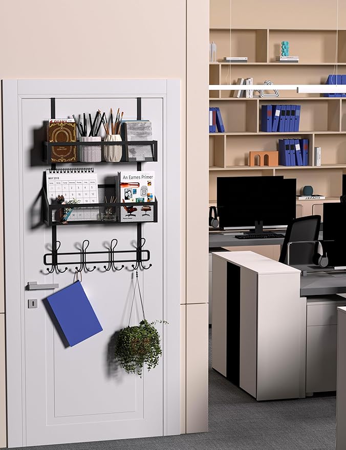 Over The Door Hooks Organizer Storage - Over The Door Hanger for Coat Rack, Storage with 12 Hook & 2 Mesh Baskets, for Bathro