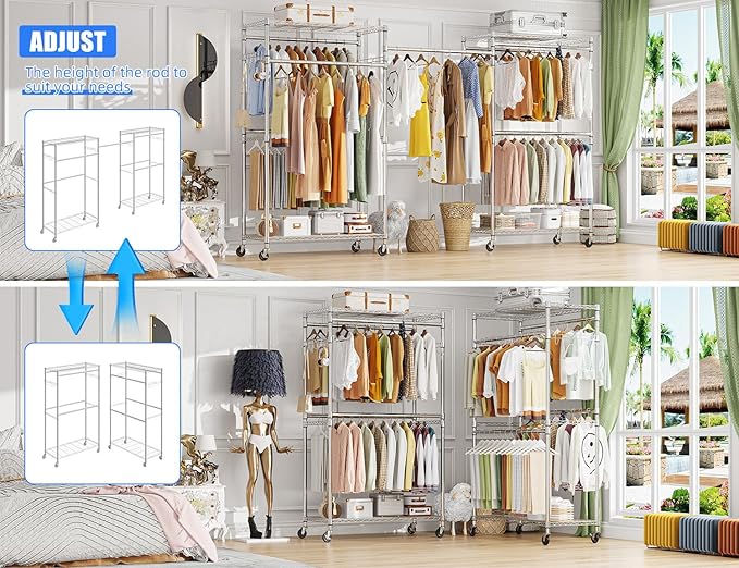 Simple Trending Heavy Duty Clothes Rack Clothing Rack with Wheels and 4 Hanging Rods, Adjustable Rolling Garment Racks, Load 