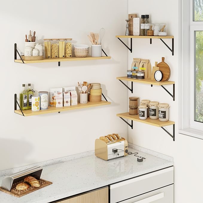 Book Shelf for Wall, Oak Shelf, Floating Shelves with Brackets, 36 inch Wall Shelves Set of 3, Particle Board Shelving for Ki