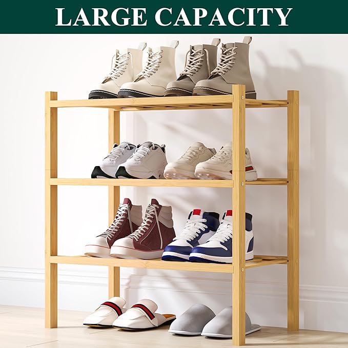 Smiry Shoe Rack, 3 Tier Small Bamboo Shoe Organizer, Stackable Free Standing Wooden Shoe Storage Shelf for Closet, Entryway, 
