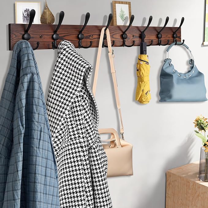 Kuhome 32.2'' Large Coat Rack Wall Mount Coat Hooks Coat Hanger with 8 Metal Black Triple- Hooks Brown Pine Real Wood Plank H