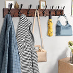 Kuhome 32.2'' Large Coat Rack Wall Mount Coat Hooks Coat Hanger with 8 Metal Black Triple- Hooks Brown Pine Real Wood Plank H