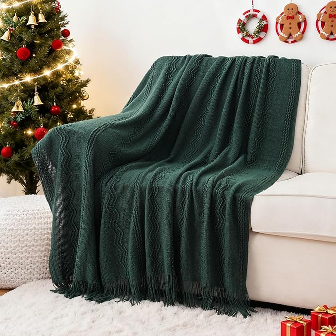 BATTILO HOME Christmas Décor Green Throw Blanket with Fringe, Geometric Bed Throws Dark Green Throws Decorative Throw Blanket