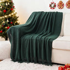 BATTILO HOME Christmas Décor Green Throw Blanket with Fringe, Geometric Bed Throws Dark Green Throws Decorative Throw Blanket