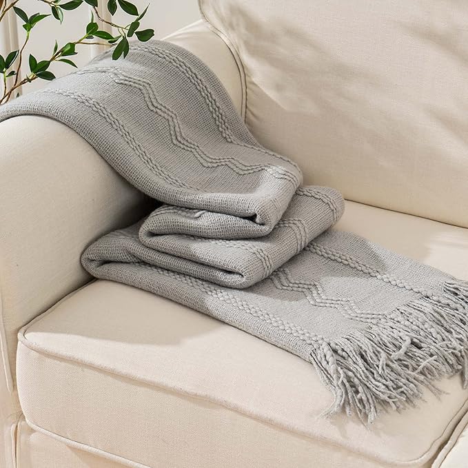 BATTILO HOME Light Grey Throw Blanket for Couch, Geometric Grey Bed Throws Decorative Boho Blanket for Sofa Living Room, 50"x