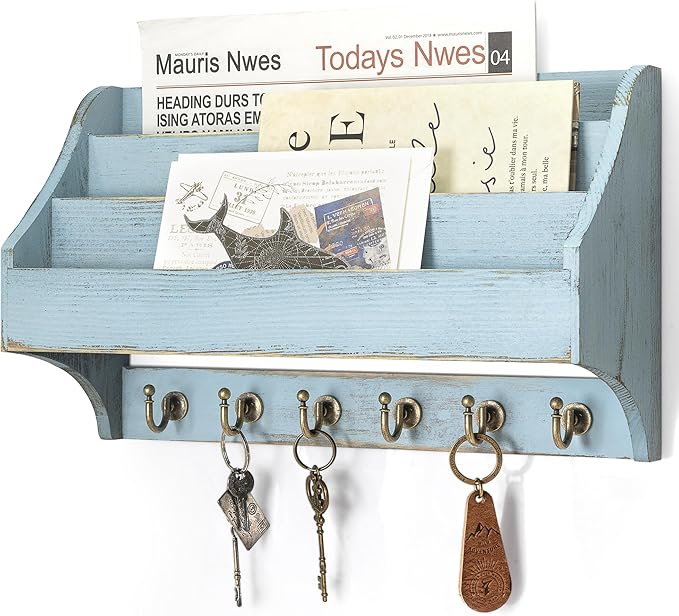 Rebee Vision Pine Wood Key Holder Wall Mount - Farmhouse 3-Tire Mail Holder with 6 Key Hooks for Home Decor- Multifunctional 