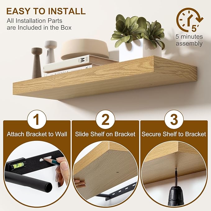 Fun Memories Floating Shelves for Wall, 20Inch Floating Shelves Set of 2, Hanging Shelf with Invisible Brackets, Wood Shelves