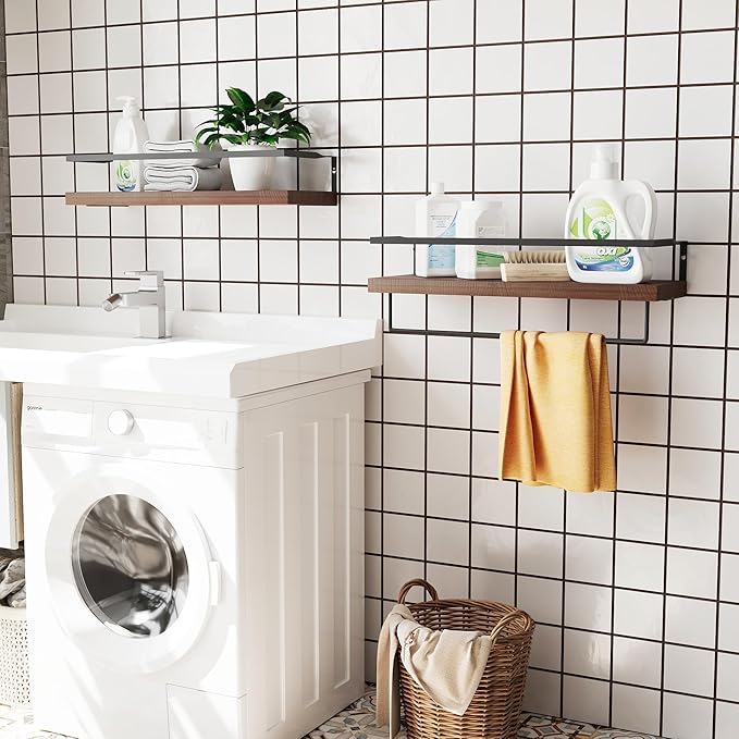 Wood Floating Shelves Wall Mounted - 2+1 Tier Rustic Bathroom Wall Shelves Over Toilet with Towel Bar, Natural Wood Set of 2 
