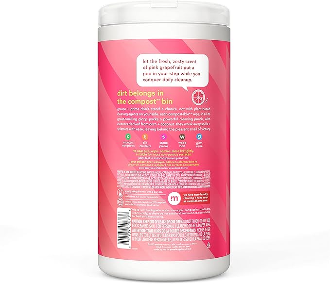 Method All-Purpose Cleaning Wipes, Pink Grapefruit, Multi-Surface, Compostable, 70 Count (Pack of 6)