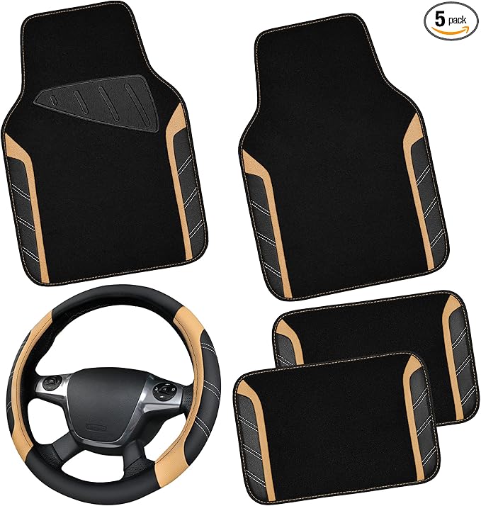 CAR PASS Microfiber Steering Wheel Cover and Waterproof Car Floor Mats,Leather Universal Car Combo Fit for 95% Truck,SUV,Cars