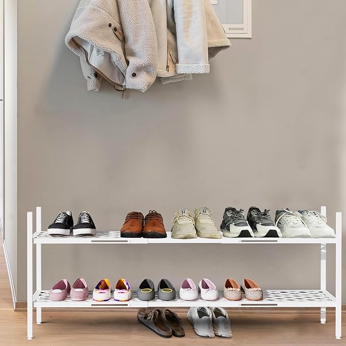 Shoe Rack, Expandable Shoes Organizer Metal Shelf Stand, 2 Tier Stackable Long Shoe Storage Holder For Closet, Floor, Entrywa