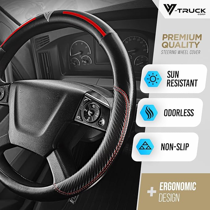 18-Inch Genuine Leather Steering Wheel Cover for Semi Trucks – Black with Red Stripes, Universal Fit Heavy-Duty Non-Slip Grip, Comfortable Control, Easy Installation