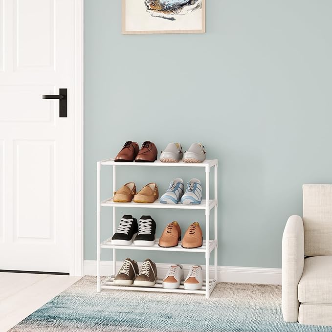 Metal Small Shoe Rack,Stackable Kids Shoe Stand,Narrow Shoe Storage Shelf for 8-10 Pairs of Shoes Entryway and Closet Hallway