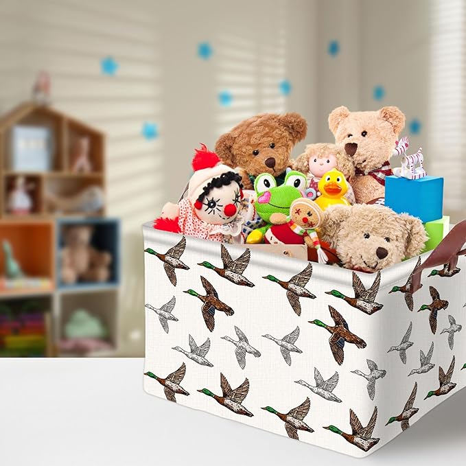 Mallard Duck Storage Basket Waterproof Canvas Toy Storage Bin Mallard Duck Room Decor Collapsible Outdoor Basket with Leather