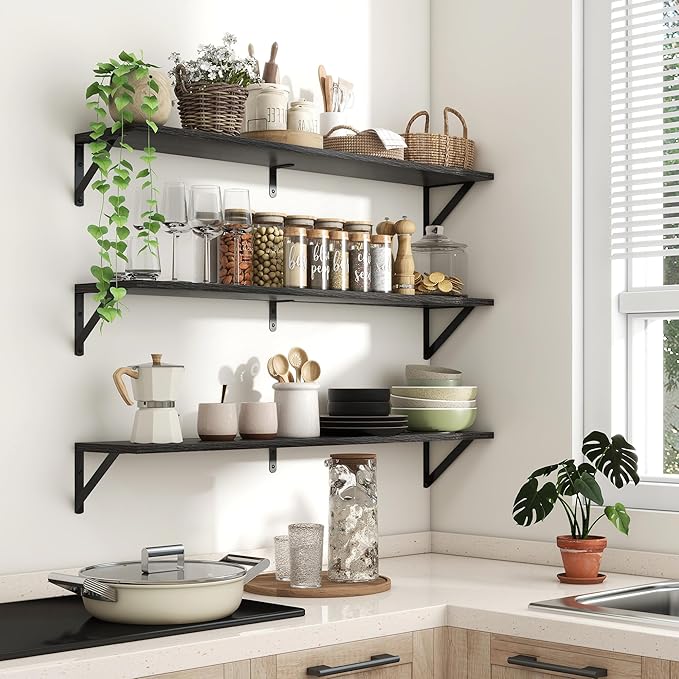 Axeman 40 Inch Floating Shelves | 8 Inch Deep Black Wall Shelves Set of 2 | 39.4" W x 8" D Rustic Black Wood Shelves for Bath