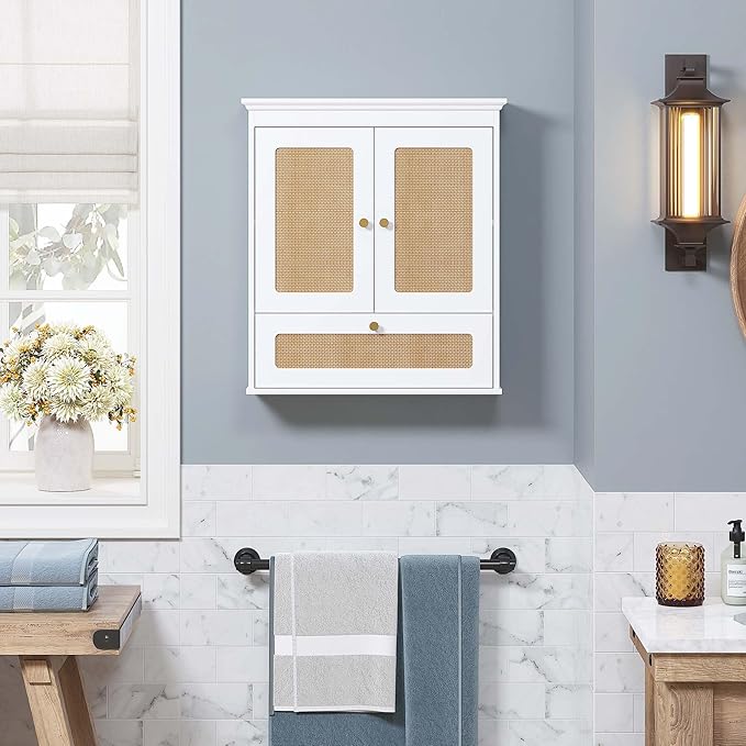 Spirich Bathroom Wall Cabinet Over Toilet, Boho Rattan Medicine Cabinet with Adjustable Shelf, Space-Saving Wall Mount Storag