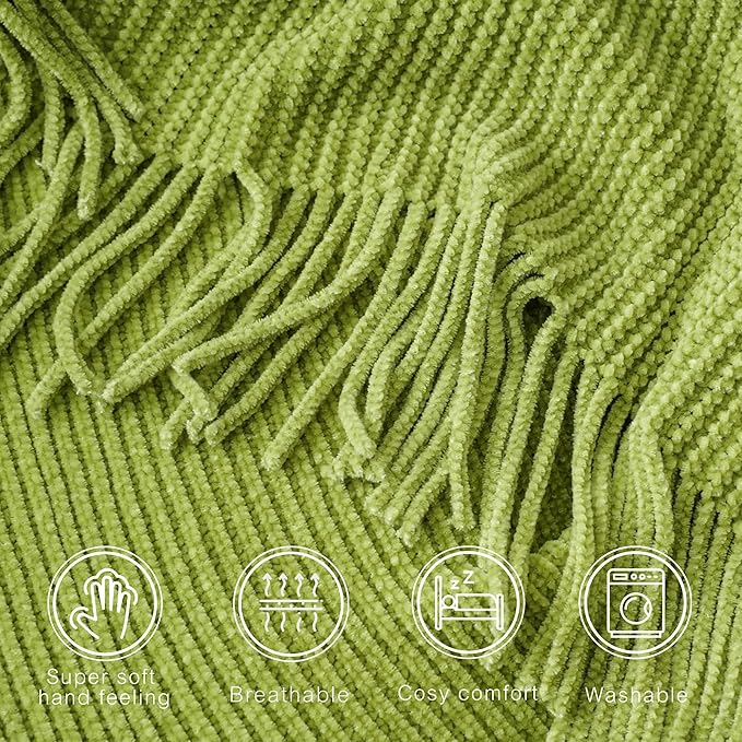 BATTILO HOME Apple Green Throw Blanket for Couch, Soft Chenille Knit Throws with Tassels for Home Decor, Spring Green Throws 