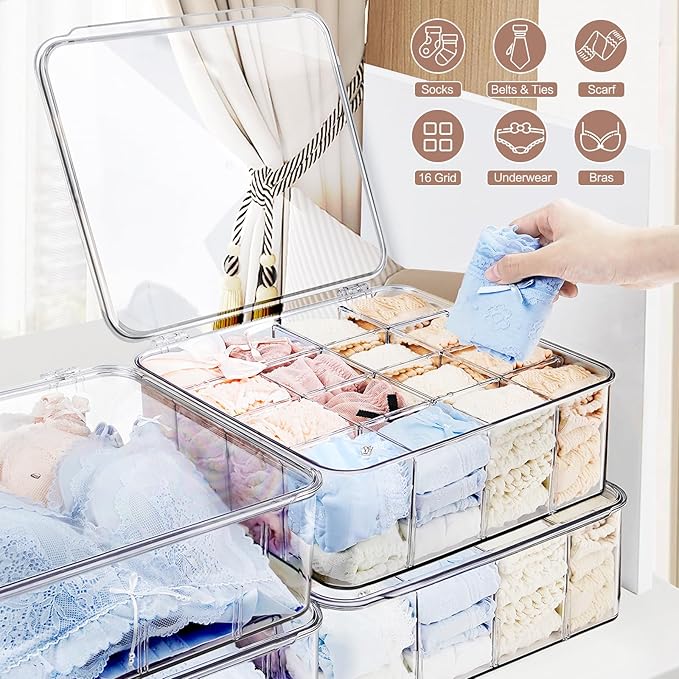 DILIBRA Socks Underwear Drawer Organizer for Closet, 16 Compartment Removable Divided Plastic Clear Sock Storage Box with Lid